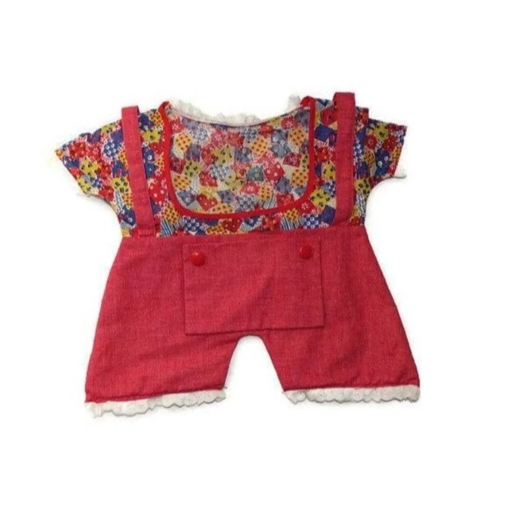 Vintage Clothespin Bag Red Floral Overalls with Calico Patchwork Style Fabric Vi